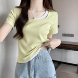 Fake Two Bumpy Square Short-Sleeved T-Shirts For Girls Summer New Body-Repair Korean Chic Short Top