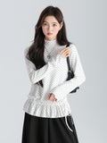 White Half-High Collar Wood Ear Wave Point Long Sleeve Lace T-Shirt Inside The Autumn And Winter Loose Top Lady