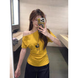 Korean Casual Design Sense Of Niche Unique Oblique Shoulder Short-Sleeved T-Shirts In Summer Chic To Recuperettes