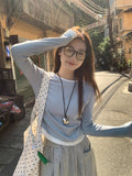Collider Splicing And Fake Two Shoulder Long-Sleeved T-Shirts For Girls Spring Folds To Collect The Waist Thin Round Collar Inside The Top Of The Top