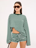 Fashion Casual Striped Long-Sleeved Top Shorts Set Female Retro Lazy Wind Low-Rise Thin Two-Set Woman