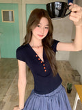 Tibetan Blue V-Neck Button Front Shoulder Design Feeling Short-Sleeved T-Shirt 2026 Summer New Fashion To Reduce The Beauty Of The Top