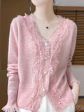 Heavy Industry Fashion Age-Retro-Weighted Women's V-Neck With Lace Lace Tops Autumn Korean Knitwear Coat