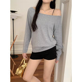 Lay-Shouldered Cotton Long-Sleeved T-Shirt Women's Autumn Pure Lusty Collarbone Lazy And Slacken The Bottom Shirt A Word On The Shoulder