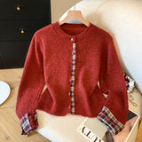 Fake Two Korean Round Collar Spliced Lattice Sweater Women 2025 Autumn And Winter New Knitted Coat Loose Casual Opener