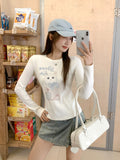 Cat Print Design Feels White Bottom Shoulder With Long-Sleeved T-Shirt 2026 Early Autumn New Thin Top