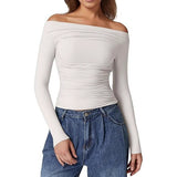 2025 New Women's Shoulder-To-Shoulder Solid-Colored Wrinkles One-Word Long-Sleeved Sexy Top