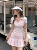 Summer Beautiful Pink Polo Collar Straight Shoulder Short-Sleeved T-Shirt Girl Slim Slimmed Beautiful Embroidered Top