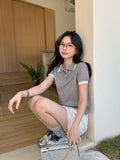 Flower Ash Polo Collar Fake Two-Piece Design Knitted Short-Sleeved Woman Summer Pure Want Small Man To Repair The Bottom Of The Top