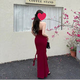 French Elegant Red Hanging Neck Sling Dress Women Summer New Hottie Sexy Back Temperament Waist Dress