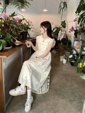 New Chinese Women's Short-Sleeved Broken Floral Dress Women's Summer High-End Temperament To Close The Waist Thin Gentle Style Long Skirt