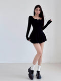Purely Lust Ballet Style U Collar Long-Sleeved Dress Women Autumn Folds To Receive Waist A Short Skirt