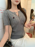 Korean Ash Hemp Shoulder Short-Sleeved T-Shirt Girl Summer New Hottie Slimming Embroidered Knitted Shirt Top
