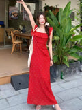 French Gentle Temperament Flying Sleeve Lotus Edge Splicing Dress Women's Summer New Wave Point Square Sling Skirt