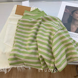 Ins Super Fire Port Wind Striped Short Sleeve T-Shirt Women's Summer Chao Harajuku BF Vintage Chic Half-Sleeved Suited T-Shirt