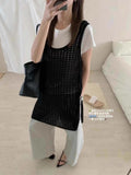 Thirteen Lines Of Early Spring Summer Hollow Knitted Shirt Sleeveless Dress Women Folded Side Open Fork Folded Waistcoat Skirt