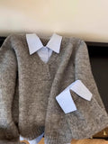 Grey Blue Sweater Shirt Fake Two Stacks Of Women's Autumn And Winter Korean Design Sense Niche Unique Knitted Shirt Top