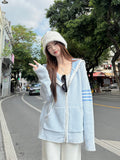 College Style Hooded Striped Double-Layer Knitted Coat Women Spring And Autumn Lazy Casual Blue Sweater Cardigan Shirt Top
