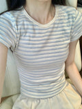 Bm Sweet Spicy Wind Shoulder Short Sleeve T-Shirt Design Sense Of Color Stripe Repair Bottom Summer Top