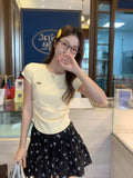 Embroidery Folded Card Waist Thin Round Collar Short Sleeves Of Front-Sleeved Women's T-Shirt Summer Bow Design Sense Of Small Sweet Spicy Top