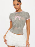 2025 Summer New Women's Fashion Trend Color Bow Print Body Collar Short-Sleeved Woman