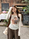 One-×Ö-Neck Cute Puppy Prints Out-Shoulder Long-Sleeved T-Shirt For Women 2026 In Early Autumn New Folding Lace Slanted Shoulder Coat