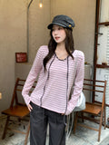 Pink Striped Strap Design Sense Round Collar Long-Sleeved T-Shirt Women Early Autumn Loose Lazy Bottom Shirt Inside The Top