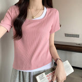 Spicy Collarbone Positive Shoulder Design Fake Two-Piece T-Shirt Girl Short-Sleeved Summer 2026 Super Hot Chic Hot Babes Top