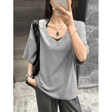 Lazy Boyfriend Wind Loose Deep V-Neck Half-Sleeved T-Shirt Girl Summer Leisure Long-Term Large Version Of The Pure Color Top Tide