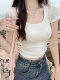 Milk Yellow Low-Collar Bosom Big Hot Babes Shoulder Short-Sleeved T-Shirt Girl Design Sense Of Small Body Summer Pure Desire Blouse