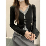 Fake Two Splicing Bumpy Bows Long-Sleeved Open-Shirt Women Autumn New T-Shirt Design Sense Niche Repair Body