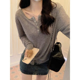 Korean Loose Lazy Wind Long-Sleeved T-Shirt Girl Spring New Design Sense Half-Open Collar Sexy Pure Want To Wear Clothes