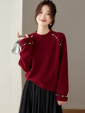 Red Sweater Women's Jacket Short Nail Beaded Bottom Shirt Loose Lazy Commuting Coat With 2025 Autumn And Winter Clothing