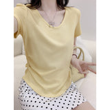 Milk Yellow White Sweet Hottie Low-Necked Short-Sleeved Woman Shoulder T-Shirt Summer Design Folds To Receive Collarbone Top