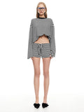 Fashion Casual Striped Long-Sleeved Top Shorts Set Female Retro Lazy Wind Low-Rise Thin Two-Set Woman