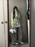 Korean Early Autumn Atmosphere Wearing A Green Collar Buckle Knit Shirt Sweater Women's Loose Coat Top