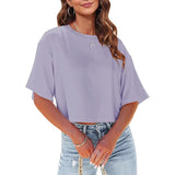 Women's Loose Short T-Shirt Round Collar Umbilical Top Casual Summer Solid Color Basic T-Shirt Short Sleeve
