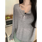 Gray Loose Lazy Wind Early Autumn Long Sleeves Sunscreen Air Conditioning Hood T-Shirt Girl Summer Half-Opened Collar Loose Feel Top