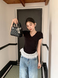 Pure White V-Neck Lace Spliced Short-Sleeved T-Shirt Women 2026 Summer New Straight Shoulder Short Top