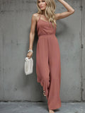 New Commuting Style Solid Fashion Tight Waist Wide Legs Slings Jump-Joint Pants