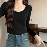 White Flower Gray Cotton Large U Collar Long-Sleeved T-Shirt Design Dew Collar Elasticity To Put On The Bottom Of The Coat