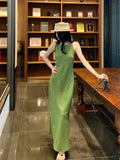 Vintage Green Vest Dress 2026 Summer New Waist Thin Temperament High Sense A Word Long Dress Girl Ins