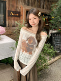 One-×Ö-Neck Cute Puppy Prints Out-Shoulder Long-Sleeved T-Shirt For Women 2026 In Early Autumn New Folding Lace Slanted Shoulder Coat