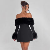 Women's Winter New Elegant Collar Hair Splicing Shoulder Design Tight Height Waist Dress