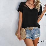 Dili Women's Clothing 2025 Spring And Summer Leisure Solid Color Short-Sleeved V-Neck T-Shirt