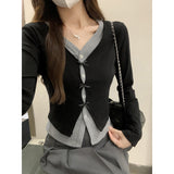 Fake Two Splicing Bumpy Bows Long-Sleeved Open-Shirt Women Autumn New T-Shirt Design Sense Niche Repair Body