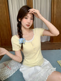 Milk Yellow Fake Two Broken Flowers Short Sleeves T-Shirt Women's 2026 Summer New Sweet Temperament Slim Thin Top