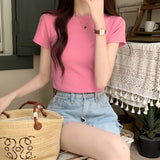 Red Retro Short White Women's Top Summer Tight Shoulder Sweet Hottie French Chic Short-Sleeved T-Shirt