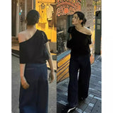 Design With A Sense Of Oblique Shoulder Short Sleeve Female Open Shoulder Short T-Shirt Summer Pure Hot Girl Loose Black Shoulder Clothes