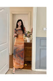 French Hottie Sunset Tie Dye Print Neckline Mesh Dress Femininity Slim Waist Thin Holiday Dress